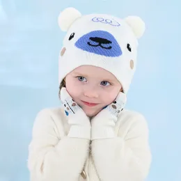 M425 Europe Fashion Winter Warm Baby Cartoon Animal Knitted Hat Mitten Set Child Babies Wool Ball Hats Beanie Gloves Kids Hat + Gloves 2pcs/set