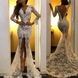 Sexy White Ivory Mermaid Evening Dresses Wear V Neck Lace Appliques Floor Length Sweep Train Split Open Back Party Dress Prom Gowns