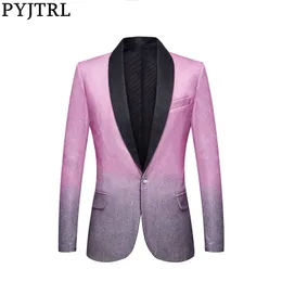 Pyjtrlメンズの結婚式の新郎のスタイリッシュなShalw Lapel Gradient Color Shiny Pink Grey Slim Fit Blazer Speen Prom Dress Suit Jacket 201104