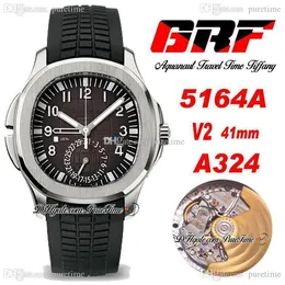 GRF V2 Travel Time 5164A GMT PP324CS A3234 Automatic Mens Watch Steel Case Gray Textured Dial Stick Number Marker Black Rubber Strap Watches Super Edition Puretime B2