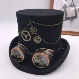 Takerlama Vintage Steampunk Dişli Gözlükler Çiçek Siyah Üst Şapka Punk Stil Fedora Tavan Gotik Lolita Cosplay Şapkası 17 CM Y200110