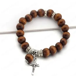 Träpärlor Metal Cross Pendant Armband för kvinnor Män Mode Lucky Smycken Jesus Charm Yoga Bracelet Man Present