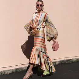 Runway Designer Striped Rainbow 2 Piece Set Women's Tops And Skirts Suit Lantern Sleeve Blouse + Maxi Fish Tail Skirt Woman Suit T200702