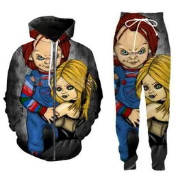 2021 Nova moda dos homens / mulheres do filme de terror Chucky zíper capuz e calças de duas peças divertido 3D global impresso Fatos PJ05