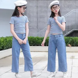 Kläder sätter barn sommar tonåringar flickor kläder topp+ jeans byxor 2st outfit barn kostym för 6 8 10 12 år