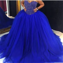 Royal Blue Puffy Tüll Ballkleid Quinceanera Kleider Schatz Kristall Perlen Party Kleid Süße 16 Kleider Vestidos De 15 Benutzerdefinierte QC1514