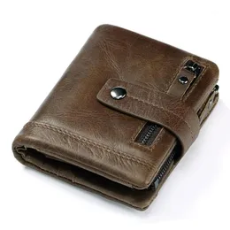 Plånböcker äkta läder män vintage trifold plånbok mynt handväska manliga små korthållare korta walet portomonee1