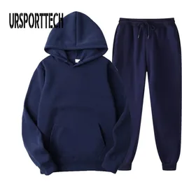 Ursporttech düz renkli eşofman erkekleri sonbahar gündelik erkek hoodies + pantolon iki parçalı modaya uygun spor giyim erkek 220107