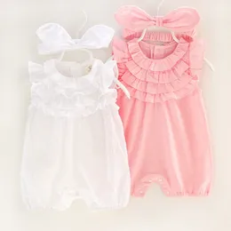 Summer Baby Girl Rompers Lace cotton Jumpsuit Floral Baby Clothing Princess Toddler Romper Newborn Baby Clothes Headband 201027