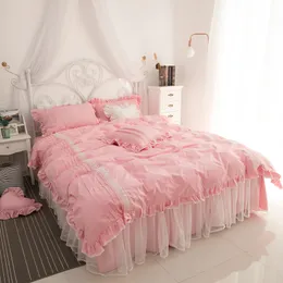 Czysta bawełniana koronkowa pościel Zestaw różowy Duvet Cover Set łóżko Pościel Tassels Luxury Princess Bed Spódnica Zestawy Twin Queen King Bedclothes T200706