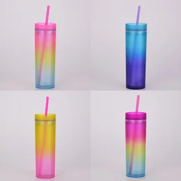 16 Oz Gradient Color Tumblers with Lids and Straws Reusable Rainbow Skinny Tumblers for Summer Party Juice Drinks