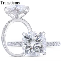 Transgems 14K White Gold 4.5CT 10MM Cushion Cut GH Color Under Halo Engagement Ring with Half Band For Women Y200620