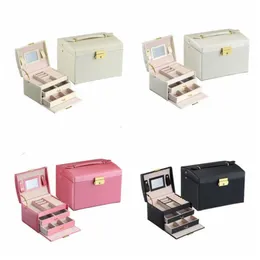 PU Leather Jewelry Box Three Layer Double Drawer Cosmetic Case Princess Jewelry Storage Box Multi Functional Shelf Large Storage LSK1853