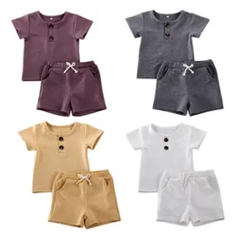 Nyfödda kläder sätter baby tjejer pojkar kläder ribbade bomull casual kortärmad toppar t-shirt + shorts toddler spädbarn mode sommar outfit set zyy581