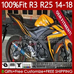 Тело для инъекций формы для YAMAHA YZFR3 YZF-R25 YZFR25 14-18 Кузов 102Но 58 YZF R 3 25 R3 R25 14 15 16 17 18 Оранжевый черный YZF-R3 2014 2015 2015 2016 2017 OEM набор