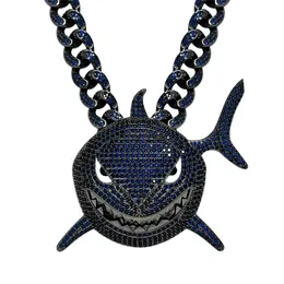 Cool Mens Hip Hop Necklace Gold Plated Ice Out Bling Blue CZ Shark Pendant with CZ Cuban Chain for Men Punk Jewelry Gift