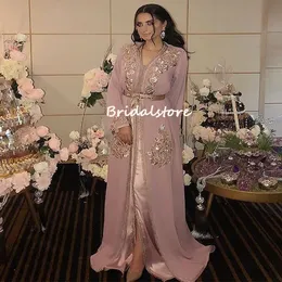 Dusty Pink Caftan Evening Dress 2022 Moroccan Dubai Robe De Soirée Mariage Turish Muslim V Neck Long Sleeve Prom Dress Chic Formal Second Party Reception Dresses