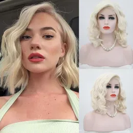 Krótki Wig Bob Style Blonde Peruka Odporna na ciepło Glueless Syntetyczna Koronka Przednia Peruka Strona Płaszcza Krótkie Wagi Faliste