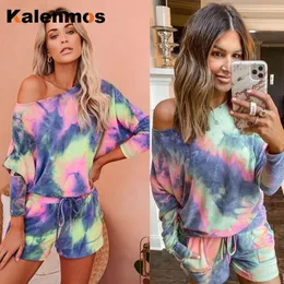 KALENMOS 2 Piece Sets Women Tie Dye Gradient Homewear Casual Tshirt Biker Shorts Sports Tracksuits Sleepwear Pajamas Lounge Wear 201104