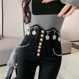 Spring autumn winter new design women's high waist luxury beading single breasted bodycon tunic plus velvet warm pencil long pants trousers MLXLXXL3XL