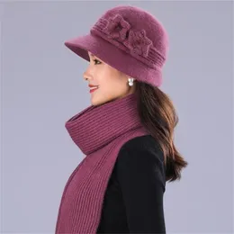 BING YUAN HAO XUAN Design Double Layer Winter Hats for Women Rabbit Fur Warm Knitted Hat and Scarf Large Flower Cap Y201024