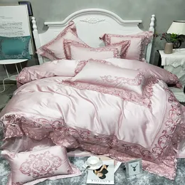 Golden pink 100S Egyptian cotton luxury royal bedding set king queen size duvet cover Embroidery bedlinen bed sheets linen set LJ200819