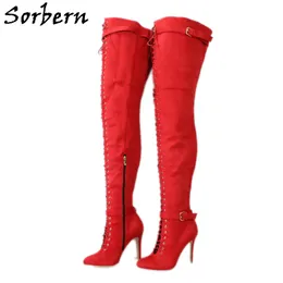 Sorbern Bright Red Mid Thigh High Boots Women High Heels Pointy Toes Lace Up Front Side Zippers Custom Wide Fit Long Boot