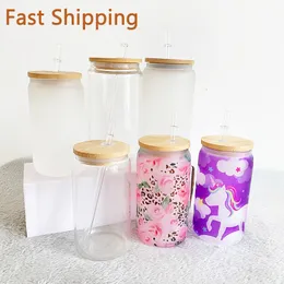 Personalized 12oz Clear Glass Cup Tumbler Sublimation Soda Pop Can DIY Matte Coffee Milk Mug with Bamboo Lid Juice Straw Cups