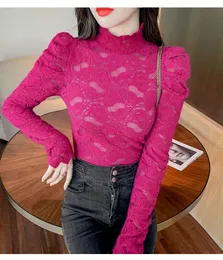 New spring autumn women's turtleneck long sleeve solid color lace floral sexy puff long sleeve t-shirt plus size SMLXLXXL