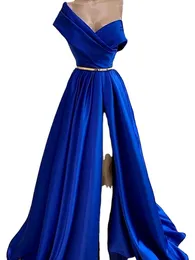 Evening Dresses Elegante um ombro royal azul baile longo robe soiree a linha cetim dubai sexy alta fenda formal vestido de noite festa