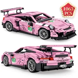 Teknisk idé Berömd Racing Car Pink GT3 Byggnadsblock Bricks Statisk bil Simulering Modell Leksaker Kids Halloween Gift LJ200928