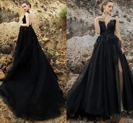 Wdzięczna czarna sukienka ślubna A-Line 2024 Koronkowe aplikacje koronkowe gorsetu