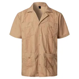 Cuban Camp Guayabera Shirt Men Short Sleeve Casual Button Down Embroidery Mens Shirts Soft Breathable Solid Color Beach Shirts G0105