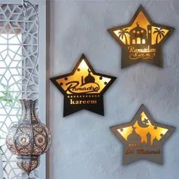 Ramadan Led Light Decor Islam Ramadan Trä Pentagram Varmt Ljus Eid Mubarak Muslim Bord Top Ornament