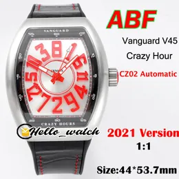 ABF新しいクレイジーアワーヴァンガードV45 3D赤ホワイトダイヤルCZ02自動メンズウォッチ316LスチールケースレザースポーツウォッチカスタムエディションHello_Watch