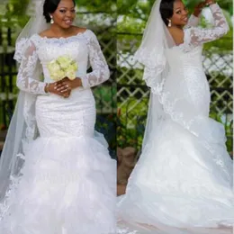 2022 Long Sleeves African Mermaid Wedding Dresses Appliques Lace Tiered Skirt Low Back Plus Size Trumpet Bridal Gowns Custom Made Vestidos De Novia