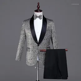 Men's Suits & Blazers (Jacket + Pants Bow Tie) Men's Three-Piece Suit Stage Wedding Dress Shiny Print Male Fashion Slim Sets1