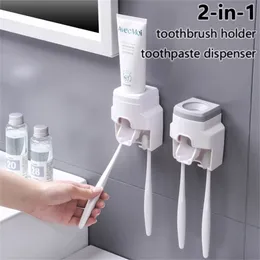 歯ブラシホルダーセット歯磨き粉ディスペンサーの壁マウントスタンドのバスルームアクセサリーローリング自動スクイーザーファミリー衛生的211222