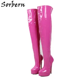 Sorbern Patent Peach Mid Oberschenkel Hohe Stiefel Frauen Overknee High Heel 18Cm Plateauschuhe Seitliche Reißverschlüsse Gestreckt Fetisch Schuhe