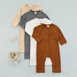 Jumpsuits 0-24m Unisex Baby Casual Long Sleeve Jumpsuit Girls Fashion Solid Color Ribbed Button Round Neck Romper For Born Boys