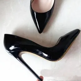 Kadınlar Ofis Pompaları Düğün Ayakkabı Kadın Yüksek Topuklu Sivri Toes Çıplak Patent Deri Seksi Stiletto Topuk Bayanlar Parti Elbise Ayakkabı Siyah Parlak 12 cm 10 cm 8 cm Boyutu 45