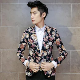 Men's Suits & Blazers Wholesale- Maillot Homme Korean Fashion Men Floral Blazer Polka Dot Slim Jacket One Button Masculino Casual Masculine
