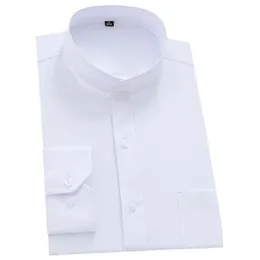 Mandarin Bussiness 공식 셔츠 남성용 Chinease stand collar solid plain 흰색 드레스 셔츠 규칙적인 긴 소매 남성 탑 220216