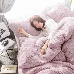 45Solid Lamb Cashmere bedding set New thicken Flannel Fleece bed linens Velvet duvet cover set sandred bed cover pillowcase 201210