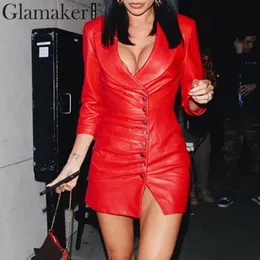 Glamaker PU leather pleated red dress Women winter long sleeve bodycon mini dress Elegant v neck autumn sexy party club dress 201027