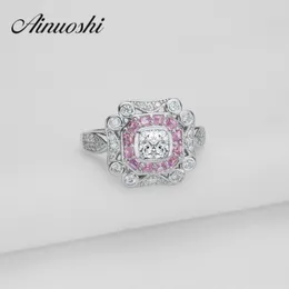AINOUSHI Fashion Design 0.63 ct Princess Cut Simulated Halo Ring 925 Sterling Silver Bague Elegant Rose Color Engagement Rings Y200106