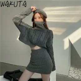 Wakuta Fall Winter Elegant Outfit Highneck Croped Pullover tröja och elastisk midja minikjol Slim Warm Stick 2 Piece Set 220221