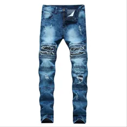 2021 Spring Men Ripped Biker Jeans Streetwear Förstörda Denim Byxor Slim Bottoms Male Patchwork Hole Pencil Trousers Hombre