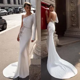 Attraente merletto della sirena in rilievo Backless Abiti da sposa una spalla maniche lunghe Abiti da sposa sweep treno Chiffon robe de mariée