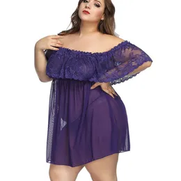 Women's Sleepwear Women Lingerie Night Gown Sexy Erotic Lace Dress Hollow-out Pijama With Thong G-string Plus Size 6XL